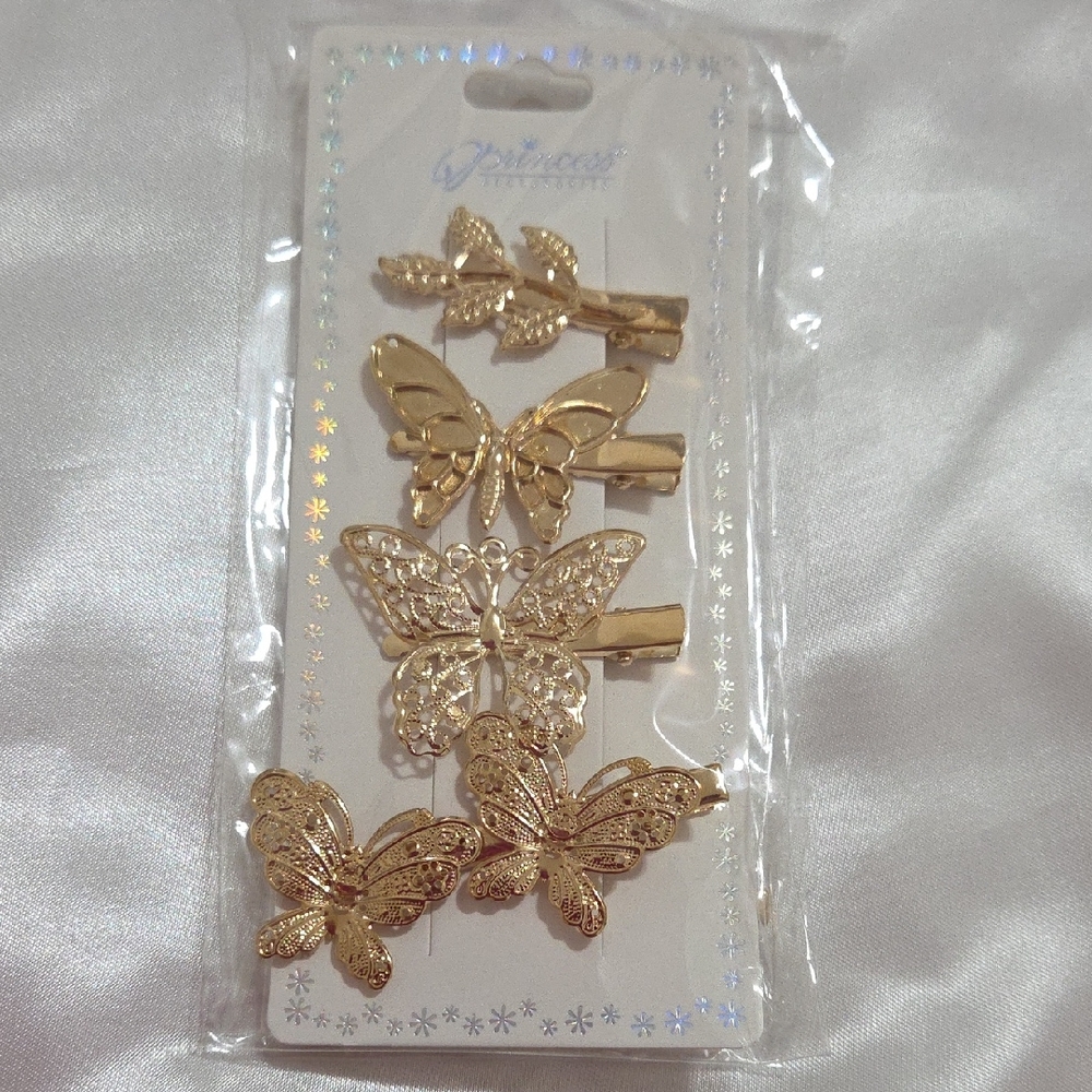 4 Pcs Princess Collection 4 Pieces Gold Tone  Butterfly & Leaf Hair Clips